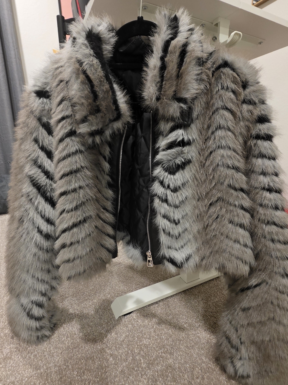 Faux Fur Cropped Jacket in Gray Stripe